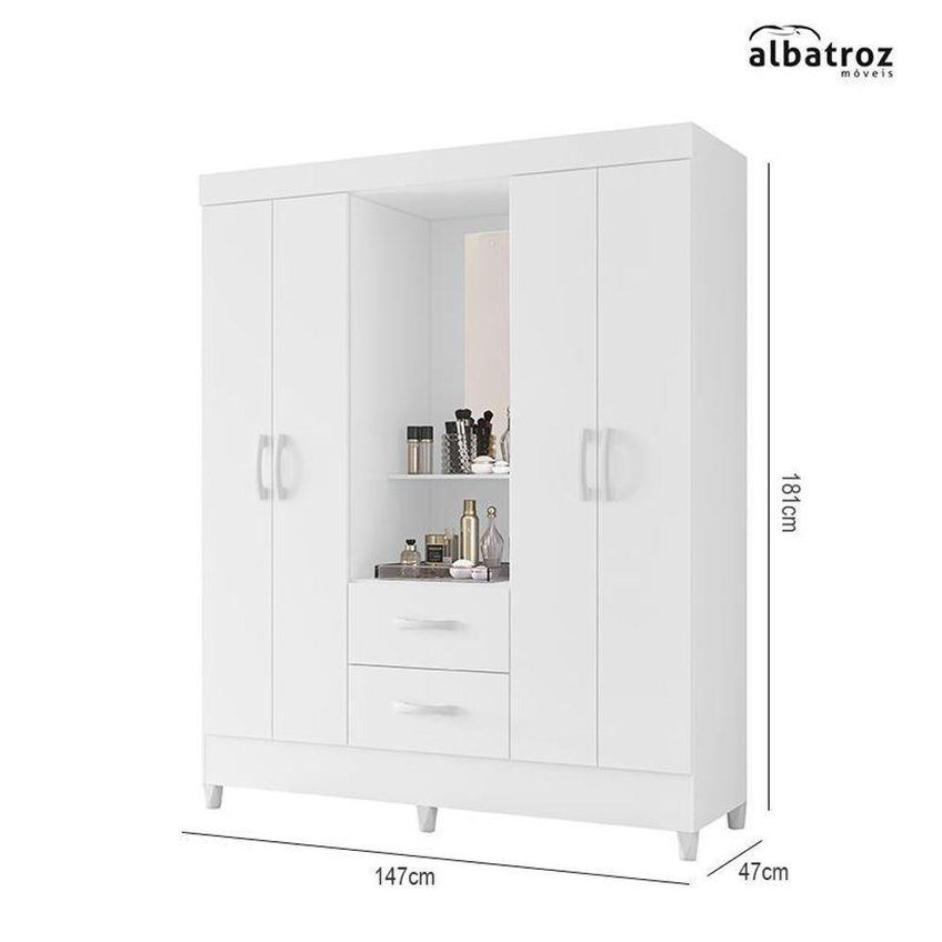 Guarda Roupa Casal Capelinha Mobi 4 Portas 2 Gavetas MDP Branco Fosco Albatroz Móveis - imagem 4