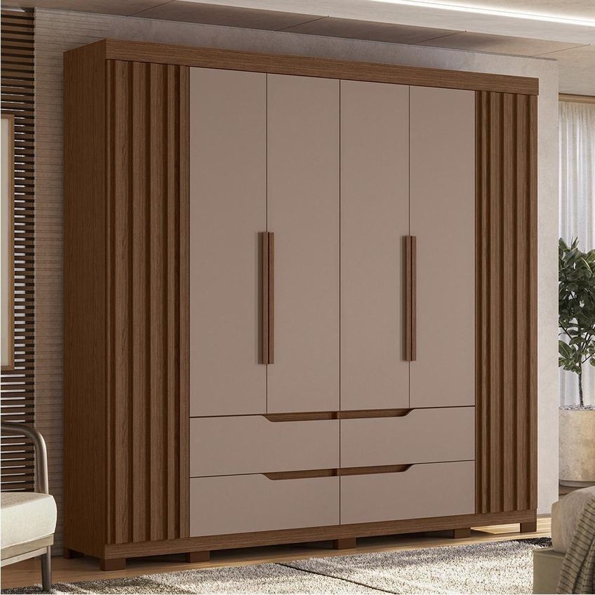 Guarda Roupa Casal Doble 4 Portas De Bater 4 Gavetas MDP Nogueira-Capuccino Albatroz Móveis - imagem 5