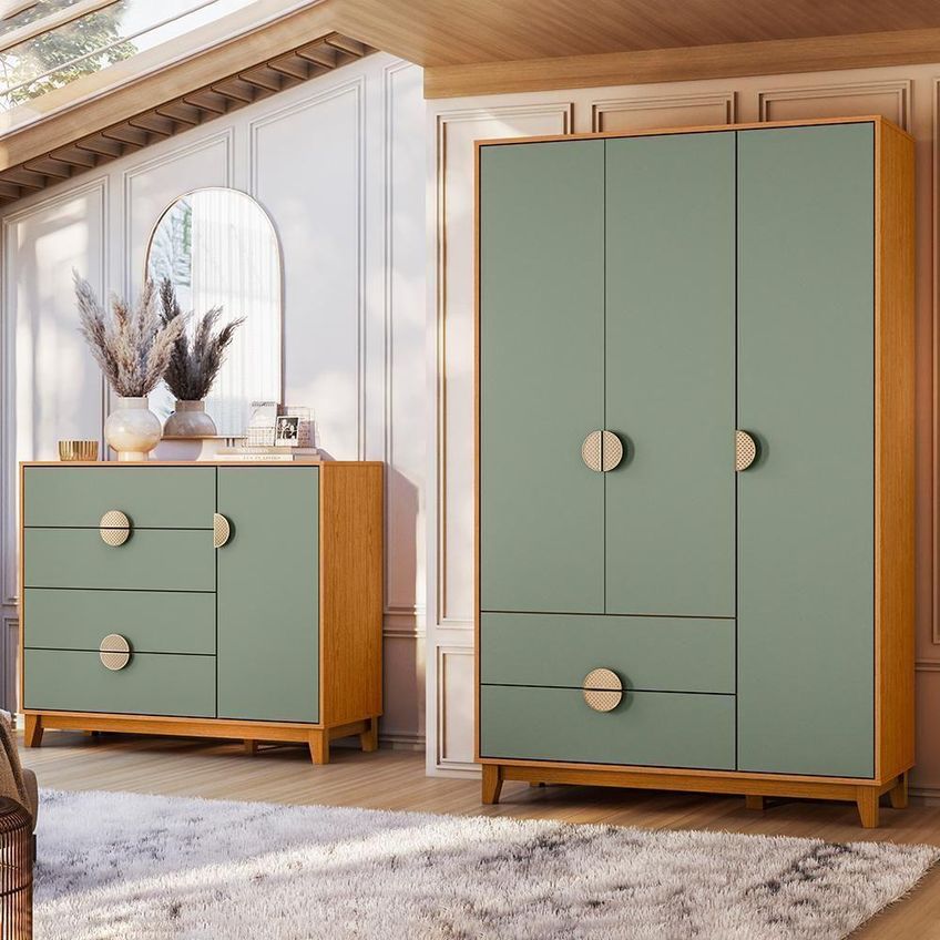 Jogo De Quarto Casal Ipê Guarda Roupa 3 Portas De Bater Cômoda 1 Porta 4 Gavetas Mdf Cinamomo-sálvia - imagem 4