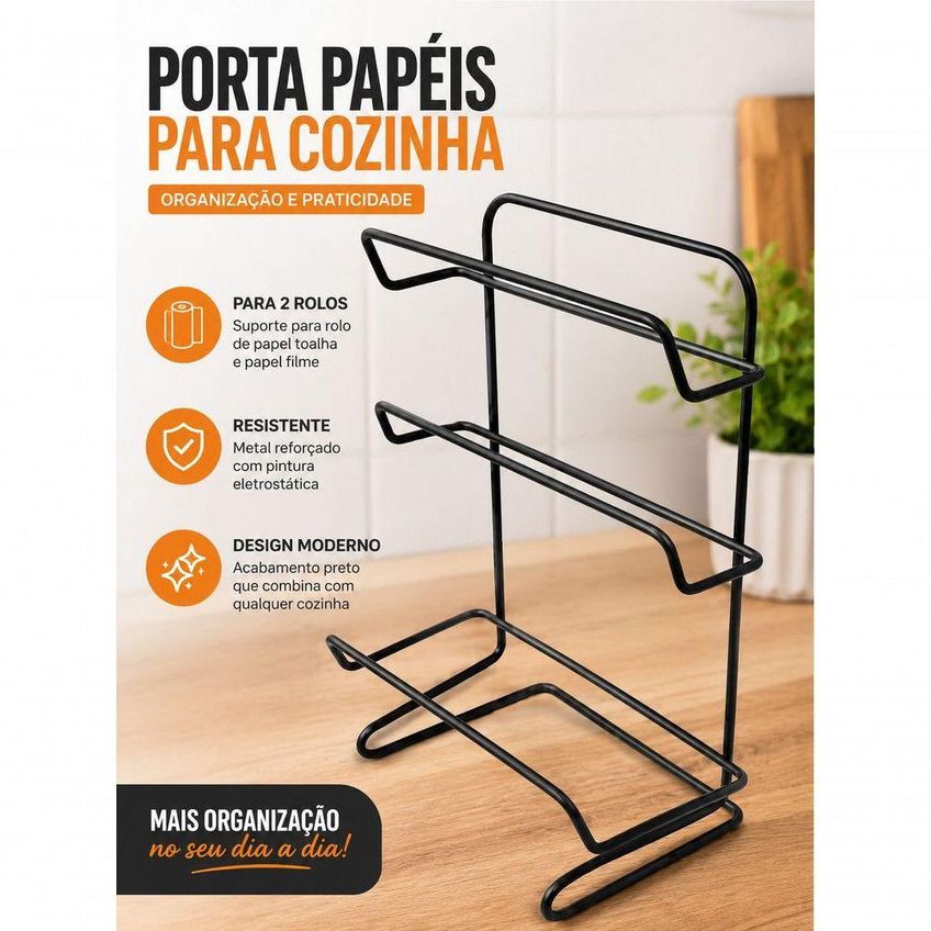 Suporte Organizador Aramado Para Papel Toalha Bancada Porta Rolo Preto - imagem 3