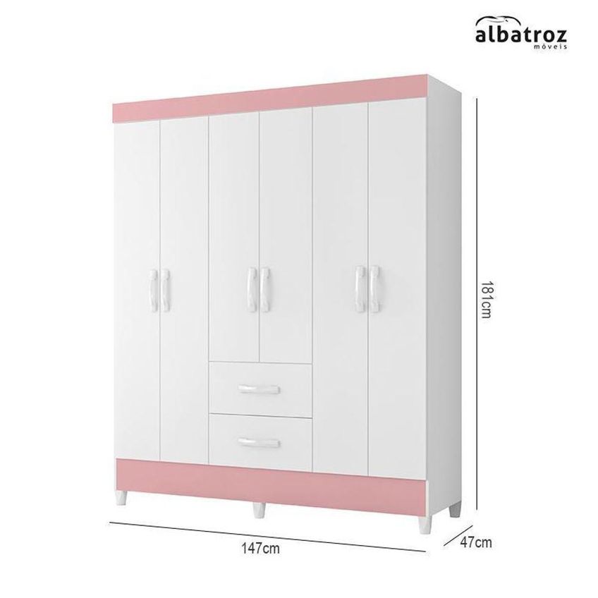 Guarda Roupa Solteiro Flex 6 Portas 2 Gavetas MDP Branco-rosa Albatroz Móveis - imagem 3