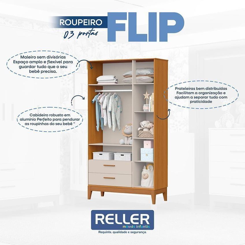 Guarda Roupa Infantil Flip 3 Portas De Bater 2 Gavetas MDF Areia Fosco-Savana Reller Móveis - imagem 3