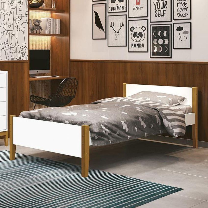 Cama Solteiro Simba Com Pés De Madeira MDF Branco Fosco Reller Móveis - imagem 3