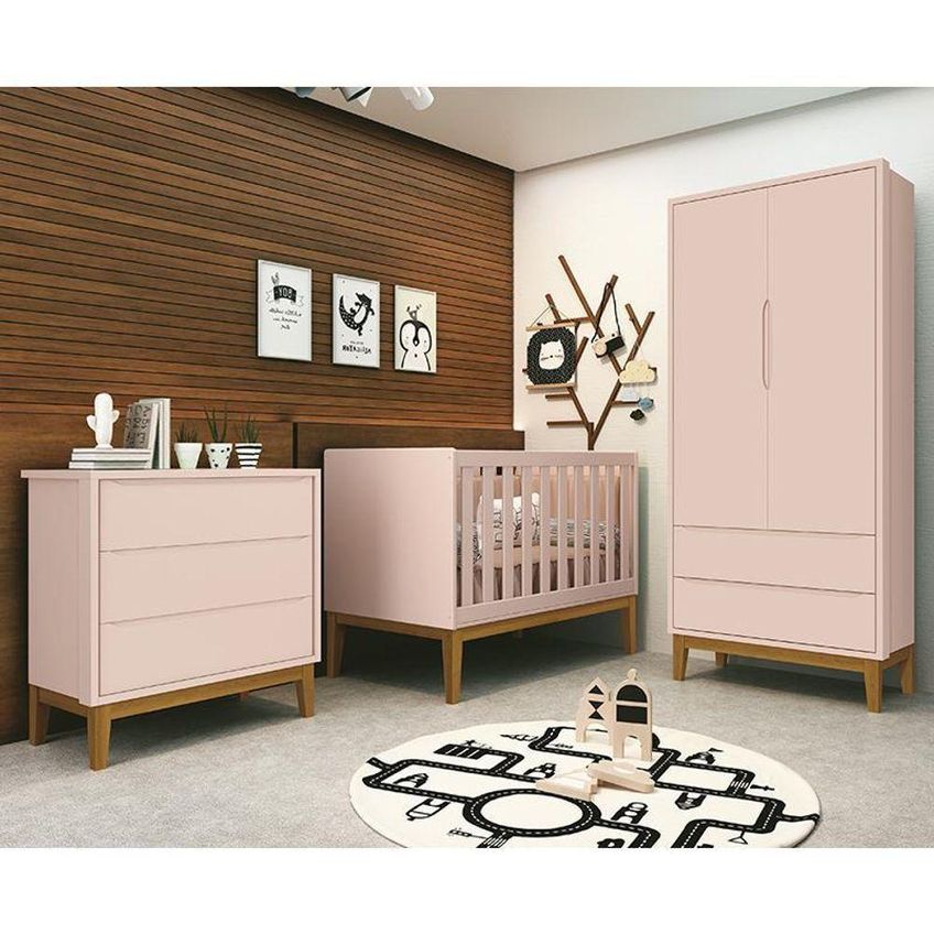 Dormitório Infantil Guarda Roupa Cômoda E Berço Americano Classic MDF Rosa Fosco Reller Móveis - imagem 5