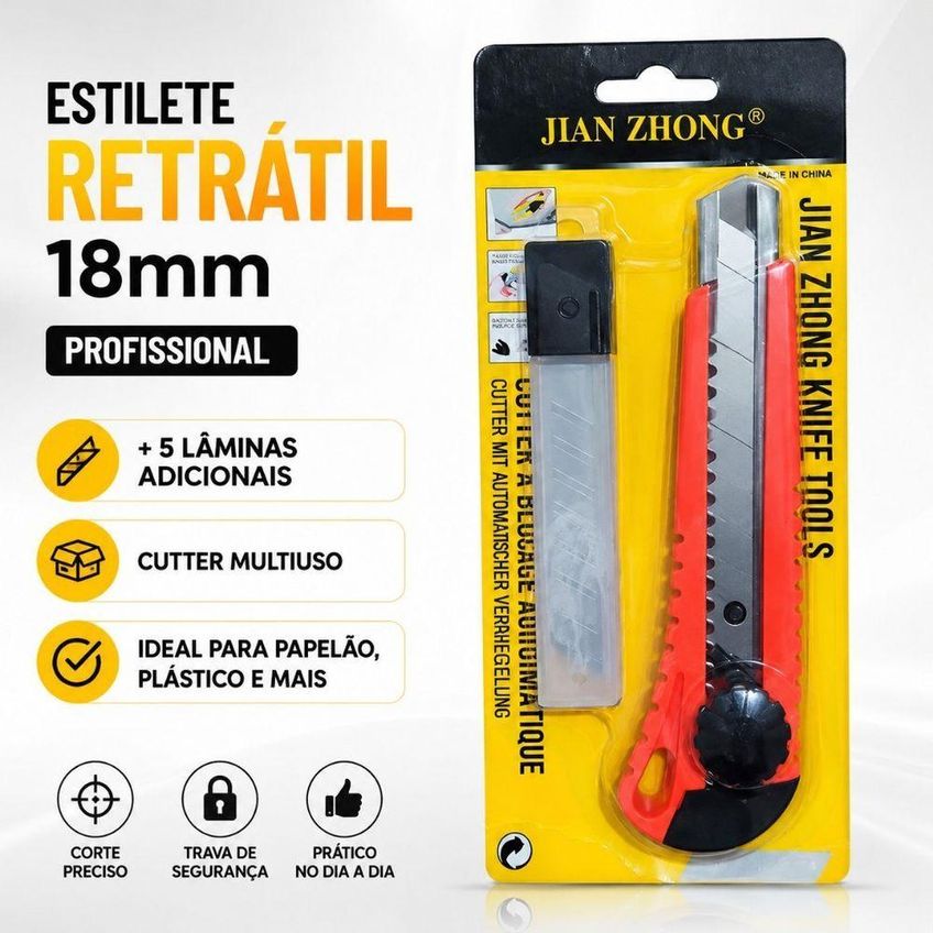 Kit 12 Estiletes Retrátil 18mm Profissional Com Lâminas Adicionais Multiuso Para Papelão Plástico - imagem 3