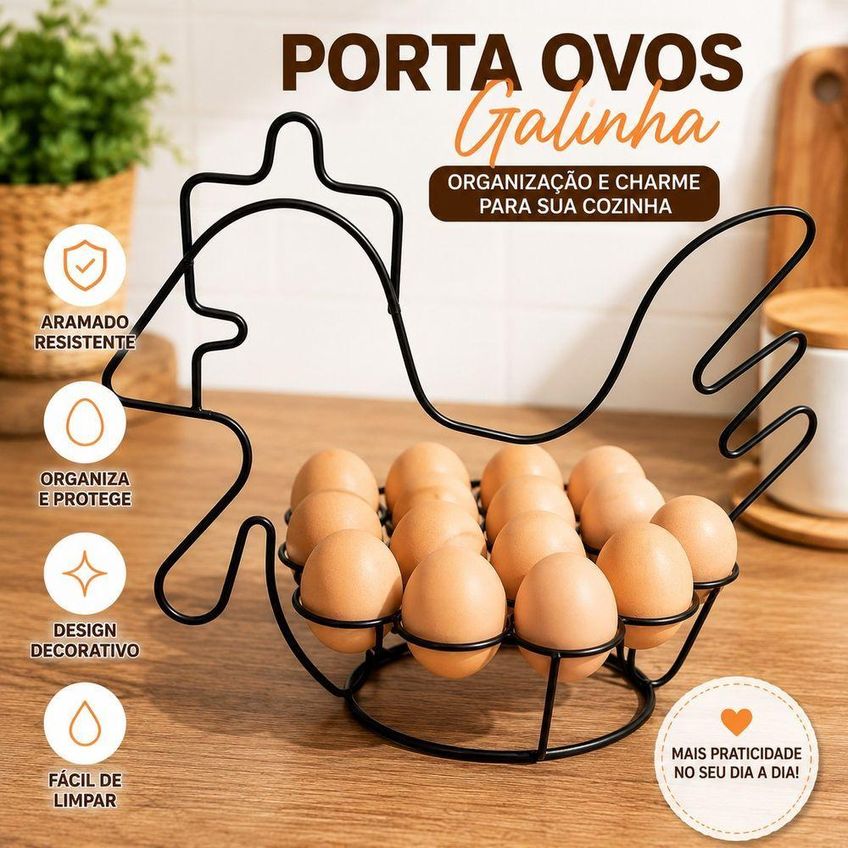 Porta Ovos Organizador Em Formato De Galinha Aramado Preto - imagem 3