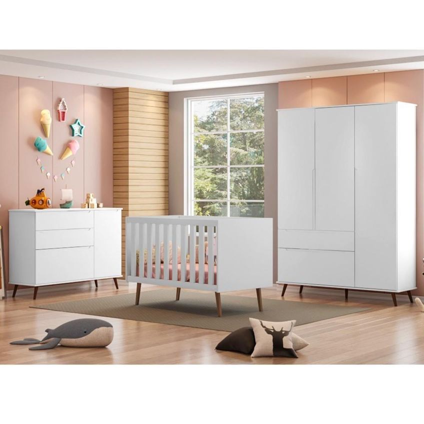 Conjunto De Quarto Melinda Com Guarda Roupa Cômoda E Berço Retrô Branco Acetinado Phoenix Baby - imagem 2