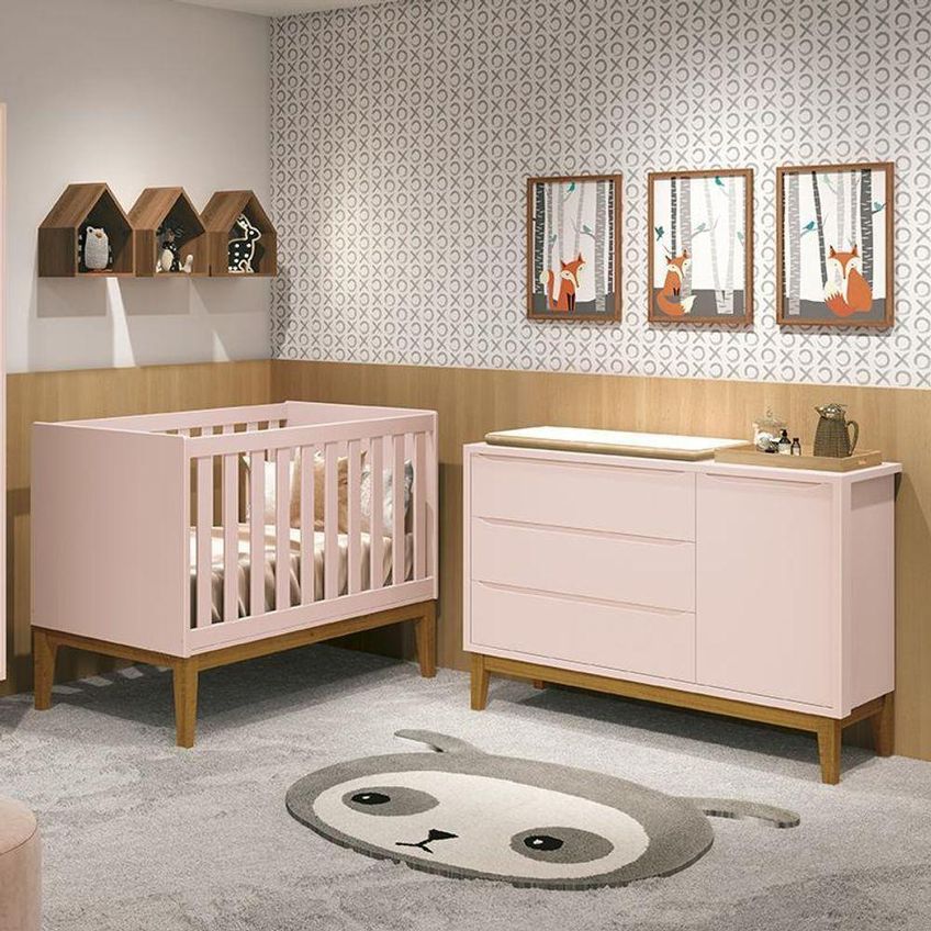 Jogo De Quarto Infantil Cômoda 1 Porta E Berço Classic 3 Gavetas MDF Rosa Fosco Reller Móveis - imagem 2