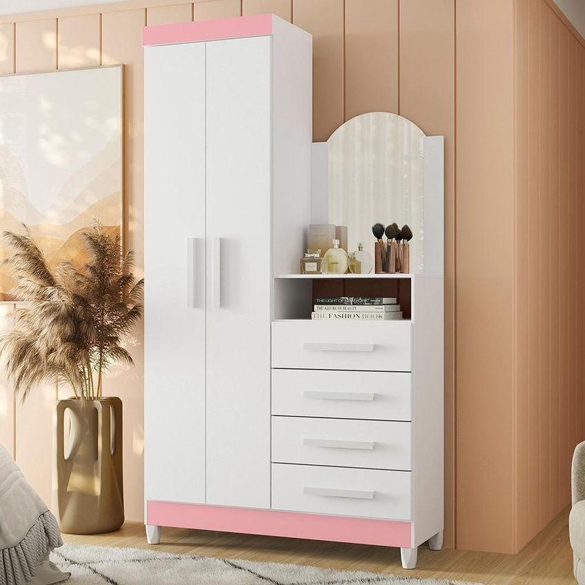 Cômoda New Capri Com Espelho 2 Portas 4 Gavetas MDP 103cm Branco E Rosa - imagem 2