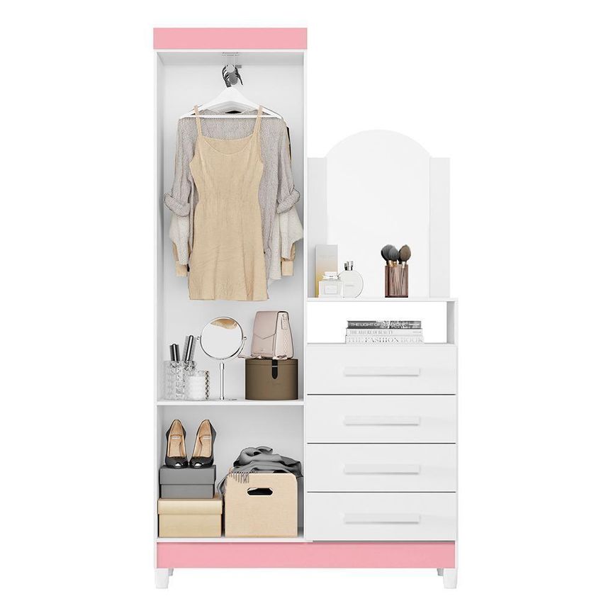 Cômoda New Capri Com Espelho 2 Portas 4 Gavetas MDP 103cm Branco E Rosa - imagem 3