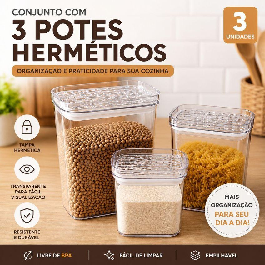 Conjunto 3 Potes Herméticos Transparentes Com Tampa Para Mantimentos 2l 2000ml 900ml 400ml Top Rio - imagem 3