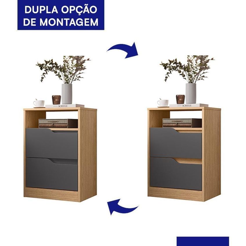 Kit 2 Mesas De Cabeceira Sole 2 Gavetas MDP Moderno Titanium-Freijó Albatroz Móveis - imagem 3