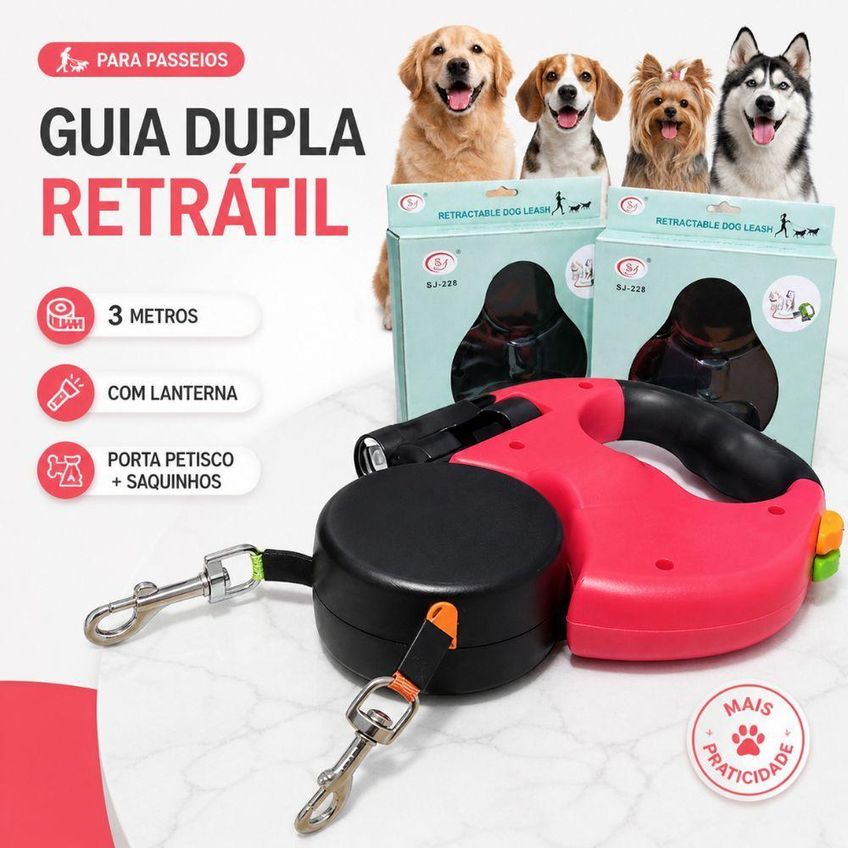 Guia Dupla Retrátil 3 Metros Para Cães Azul Com Lanterna E Porta Petiscos - imagem 3