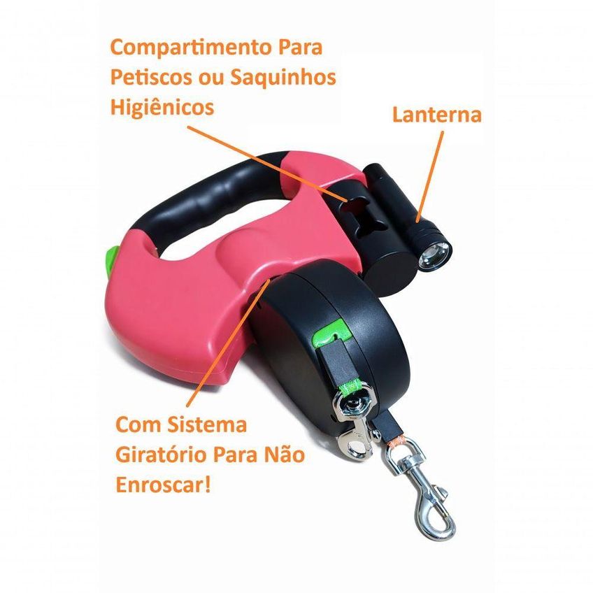 Guia Dupla Retrátil 3 Metros Para Cães Azul Com Lanterna E Porta Petiscos - imagem 5