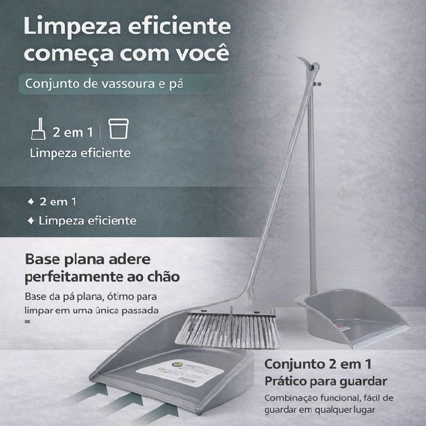Kit Vassoura E Pá De Lixo 2 Em 1 Plástico E Cerdas Sintéticas Compacta Com Base Reta Para Uso - imagem 4