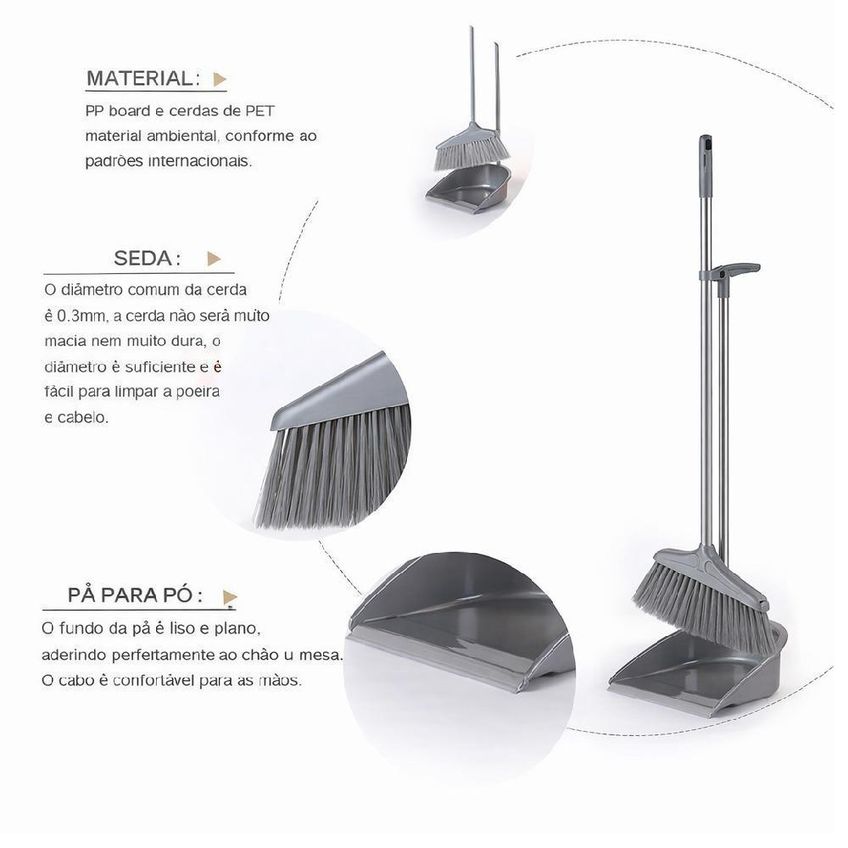 Kit Vassoura E Pá De Lixo 2 Em 1 Plástico E Cerdas Sintéticas Compacta Com Base Reta Para Uso - imagem 5