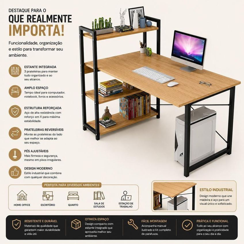 Escrivaninha Industrial 3 Prateleiras MDF e Aço 120cm Marfim - imagem 2