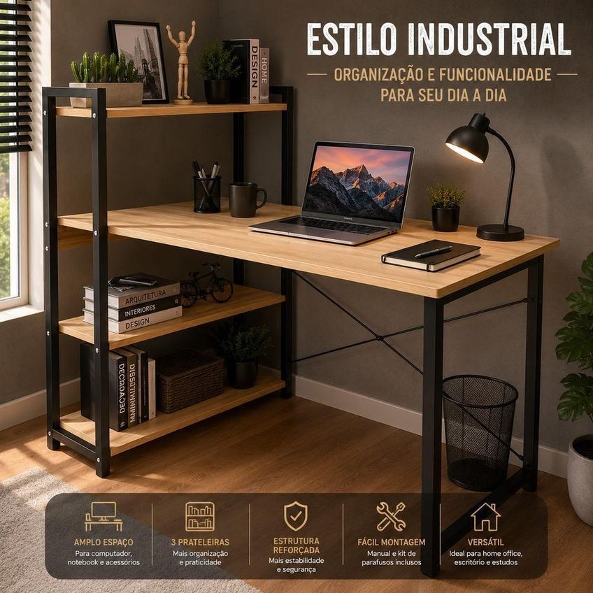 Escrivaninha Industrial 3 Prateleiras MDF e Aço 120cm Marfim - imagem 3