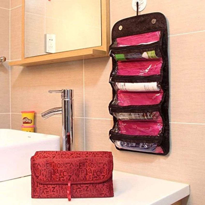 Bolsa De Viagem Poliéster Vinho Com Interior Rosa 4 Divisórias - imagem 3