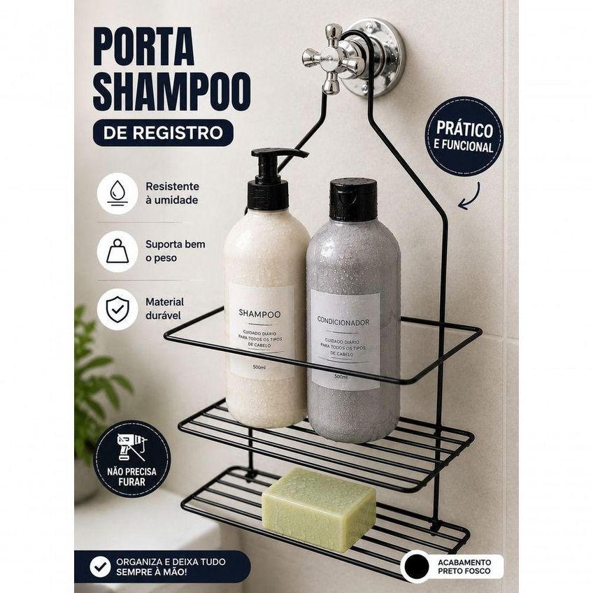 Porta Shampoo Para Registro Preto Fosco Organizador Banheiro Sem Furar Aço - imagem 2