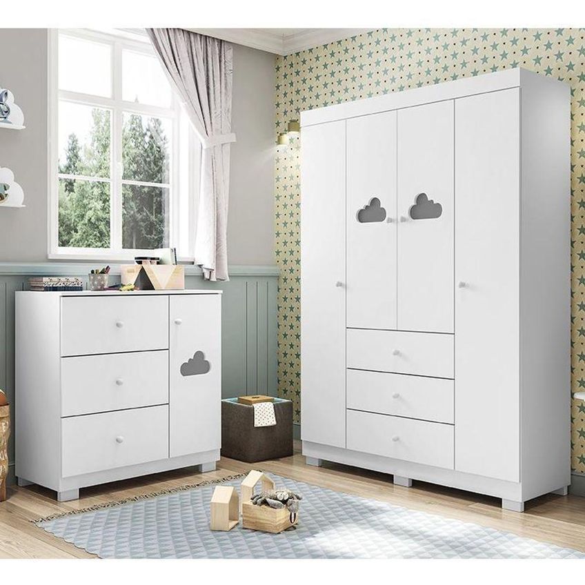 Jogo De Quarto Infantil Ane Com Guarda Roupa E Cômoda 4 Portas 3 Gavetas Mdf Branco Phoenix Baby - imagem 5