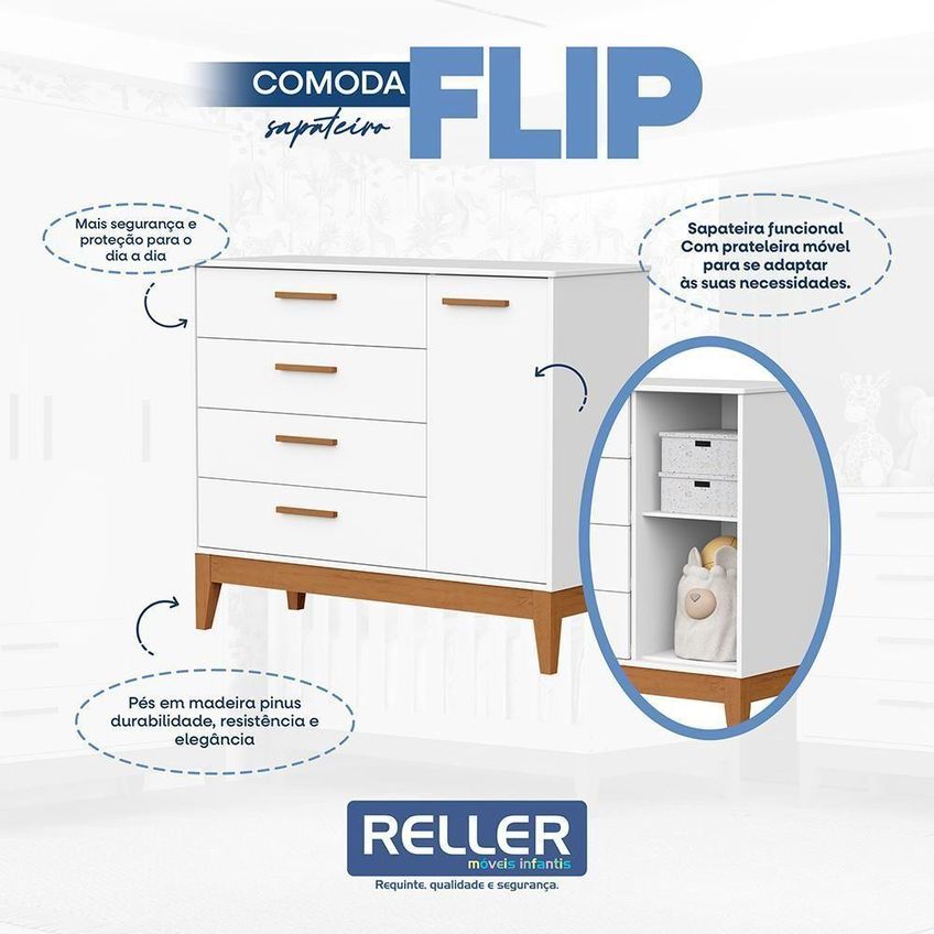 Dormitório Infantil Flip Guarda Roupa Cômoda E Berço MDF Branco Fosco Reller Móveis - imagem 3