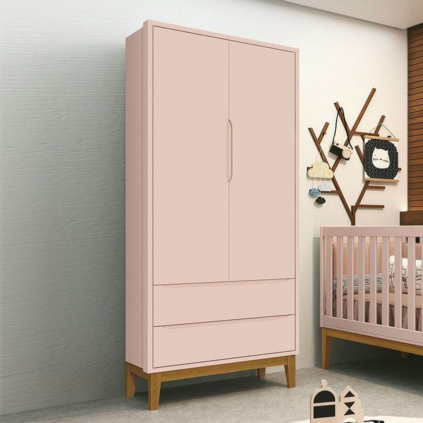 Guarda Roupa Infantil Classic 2 Portas De Bater 2 Gavetas MDF Rosa Fosco Reller Móveis - imagem 2