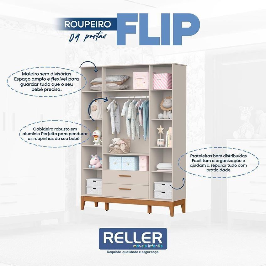 Conjunto De Quarto Flip Guarda Roupa 4 Portas Cômoda 4 Gavetas Berço 147cm Areia Fosco - imagem 4