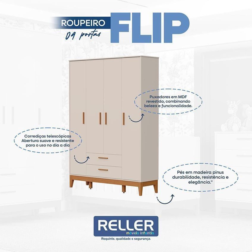 Conjunto De Quarto Flip Guarda Roupa 4 Portas Cômoda 4 Gavetas Berço 147cm Areia Fosco - imagem 5