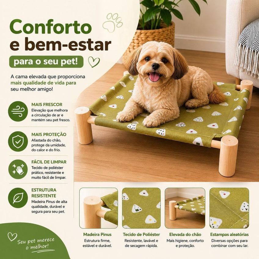 Cama Elevada Para Pet Com Estrutura Em Madeira Pinus Desmontável Lavável 55cm - imagem 3