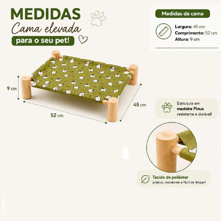 Cama Elevada Para Pet Com Estrutura Em Madeira Pinus Desmontável Lavável 55cm - imagem 4