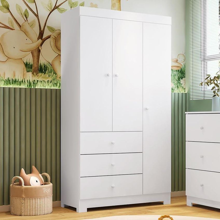 Guarda Roupa Infantil Duda 3 Portas Bater 3 Gavetas MDF Branco Phoenix Baby - imagem 3