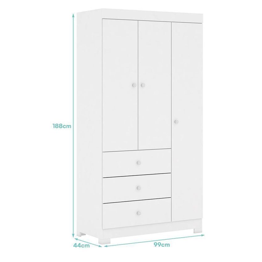 Guarda Roupa Infantil Duda 3 Portas Bater 3 Gavetas MDF Branco Phoenix Baby - imagem 4