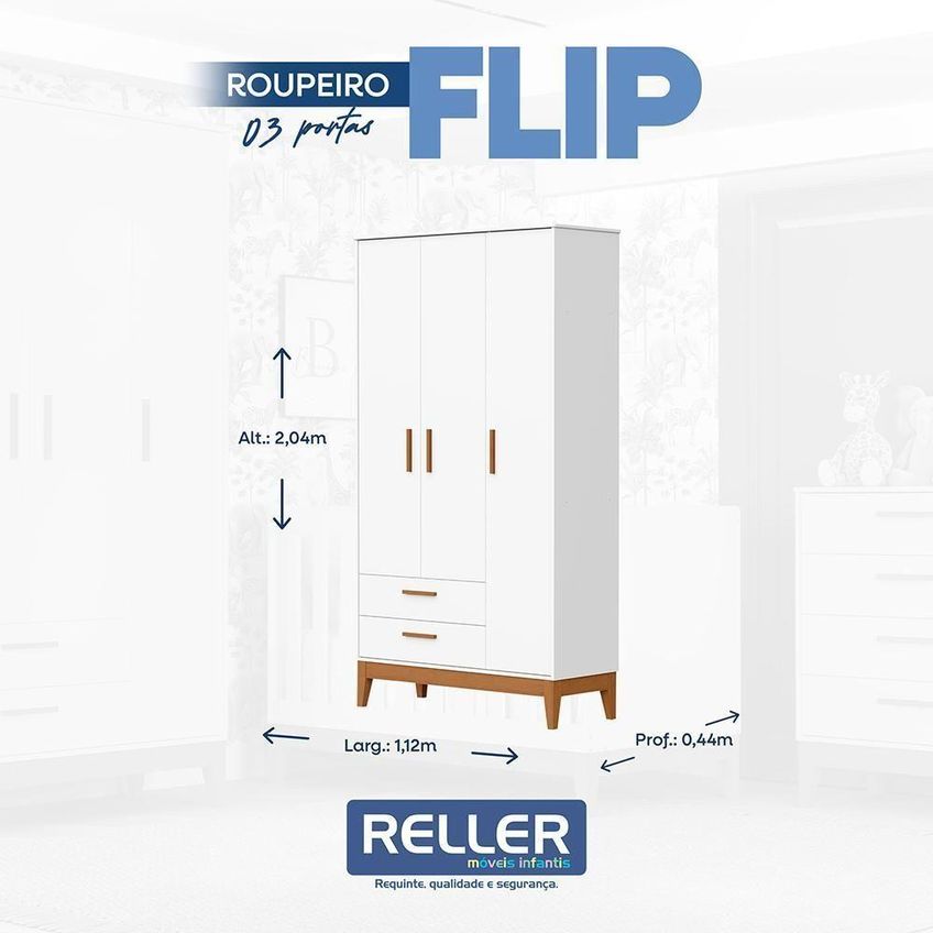 Jogo De Quarto Infantil Flip Guarda Roupa 3 Portas Cômoda 4 Gavetas Mdf Branco Fosco Reller Móveis - imagem 3