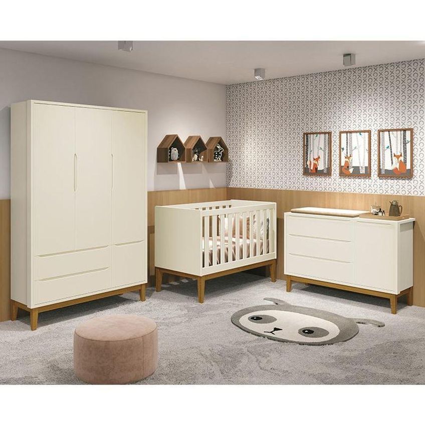 Conjunto De Quarto Com Guarda Roupa Cômoda E Berço Mini Cama MDF Areia Fosco Reller Móveis - imagem 2