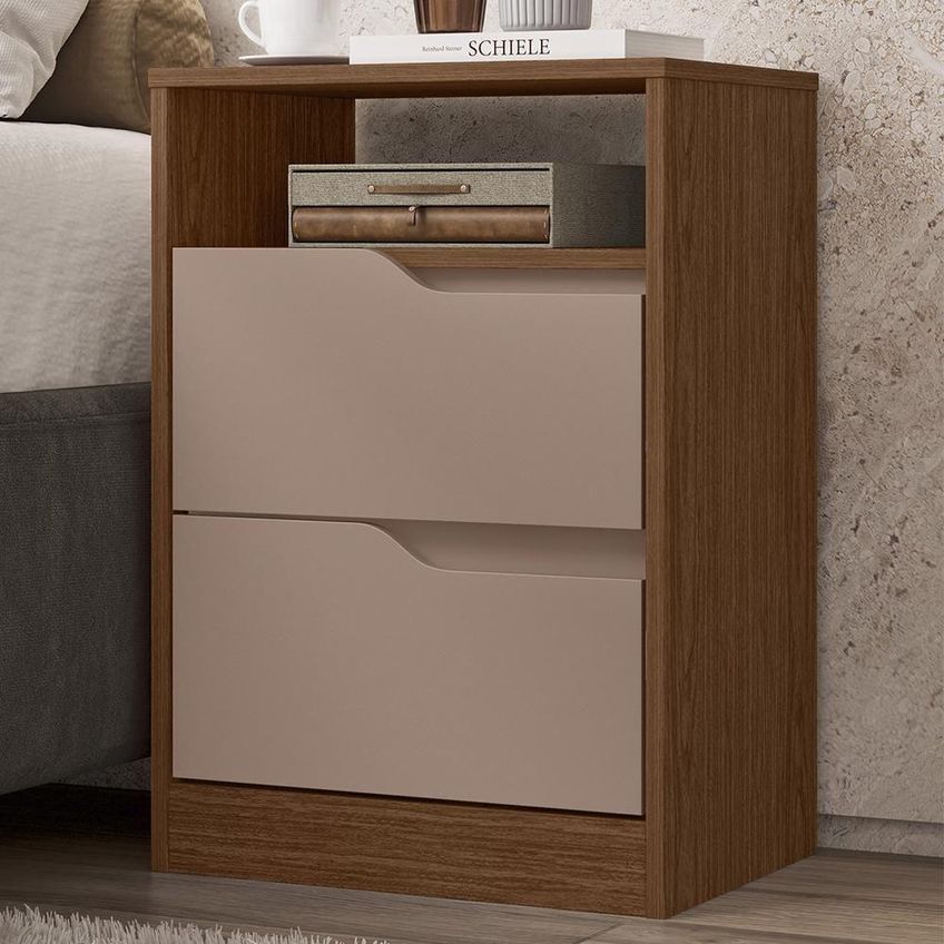 Mesa De Cabeceira Sole 2 Gavetas Retangular Mdf-mdp 45cm Capuccino E Nogueira - imagem 3