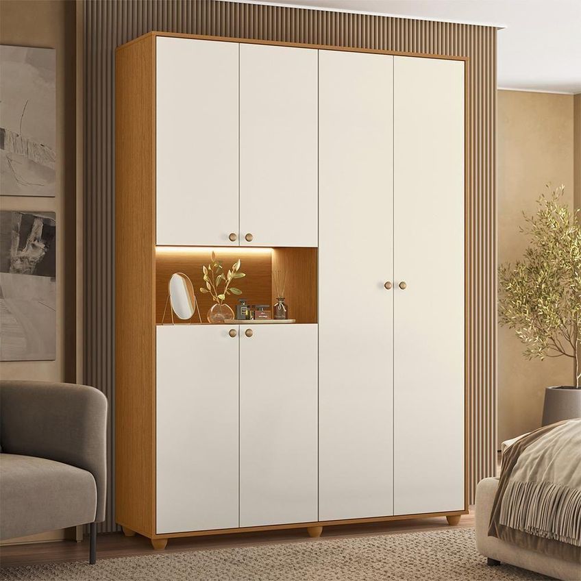 Guarda Roupa Solteiro Vittoria 6 Portas 2 Gavetas Mdp Cinamomo Off White Com Led Albatroz Móveis - imagem 2