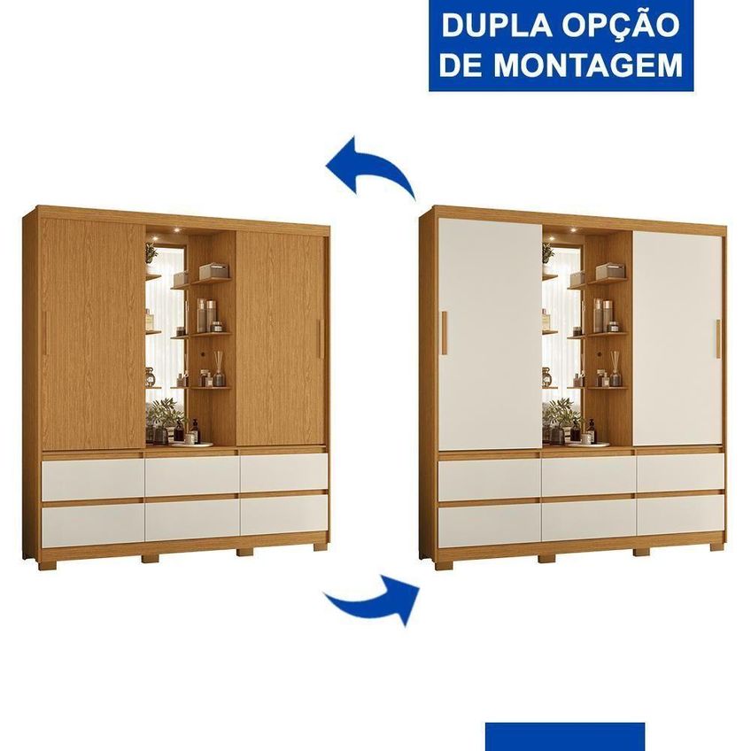 Guarda Roupa Solteiro Atena 2 Portas De Correr 6 Gavetas MDP Com LED Cinamomo-Off White - imagem 3