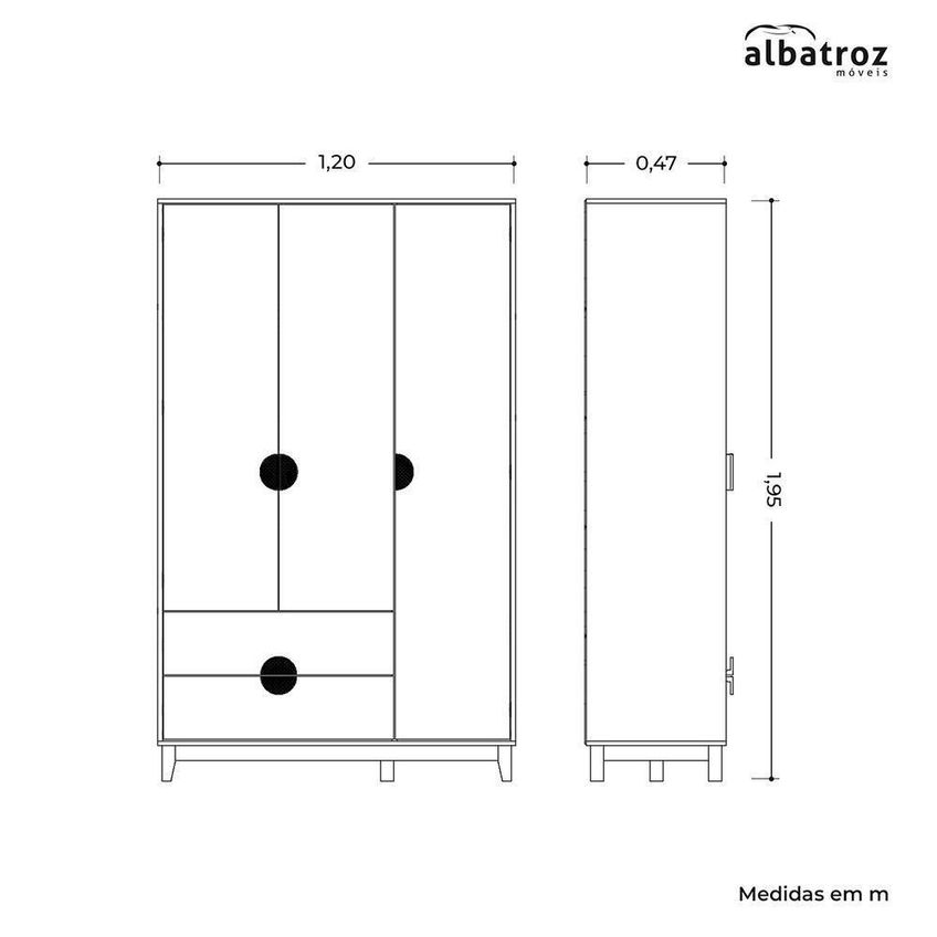Guarda Roupa Solteiro Ipê 3 Portas 2 Gavetas Mdf Cinamomo-Sálvia Albatroz Móveis - imagem 4