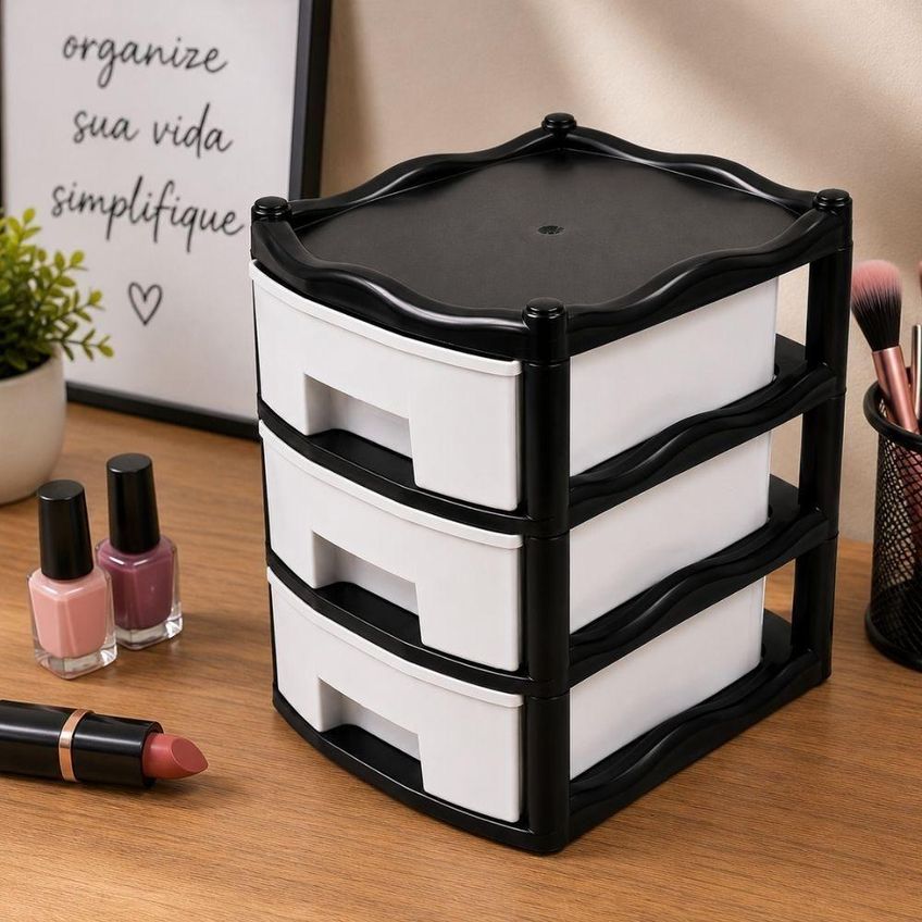 Gaveteiro De Mesa Organizador Multiuso Plástico Empilhável Para Escritório Preto 15cm - imagem 4