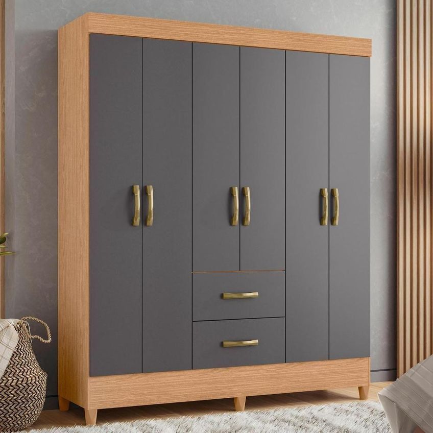 Guarda Roupa Mobi 6 Portas 2 Gavetas MDP 147cm Freijó-Titanium - imagem 4