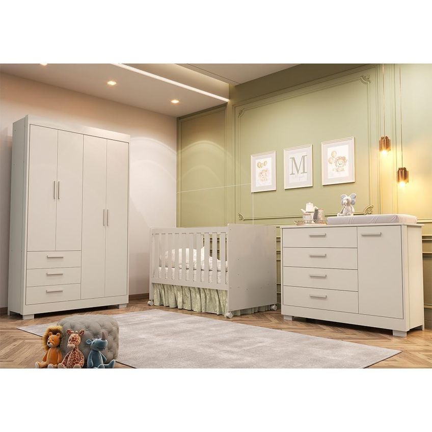 Conjunto De Quarto Zaki Com Guarda Roupa Cômoda Berço Katatau E Colchão Supreme Bege Reller Móveis - imagem 3