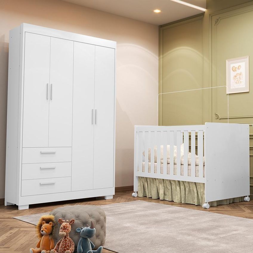 Jogo De Quarto Infantil Guarda Roupa E Berço Zaki Katatau Mdf Branco Fosco Reller Móveis - imagem 4