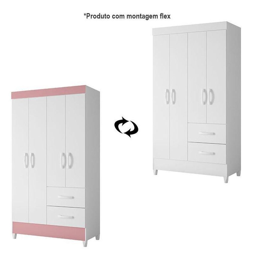 Guarda Roupa Solteiro Mobi 4 Portas De Bater 2 Gavetas MDP Branco Fosco 98cm Albatroz Móveis - imagem 3