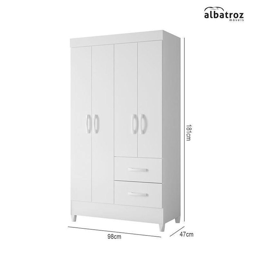 Guarda Roupa Solteiro Mobi 4 Portas De Bater 2 Gavetas MDP Branco Fosco 98cm Albatroz Móveis - imagem 4