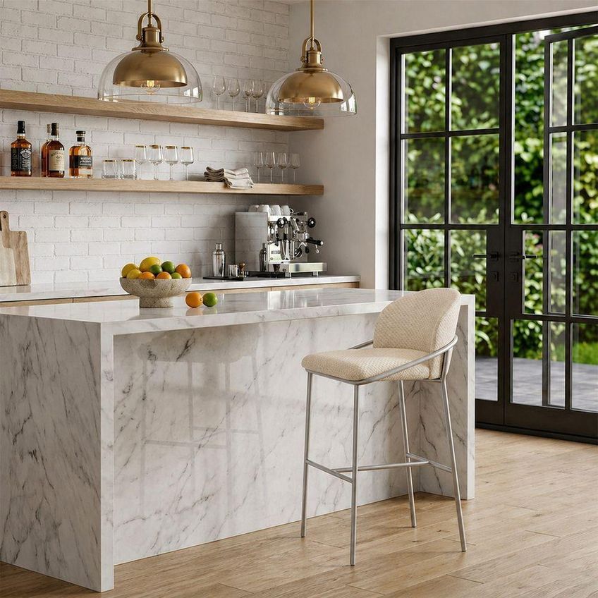 Banqueta Lívia Design Moderno Estofada Premium Base Ferro Fixa Tecido Bouclê Bege - imagem 3