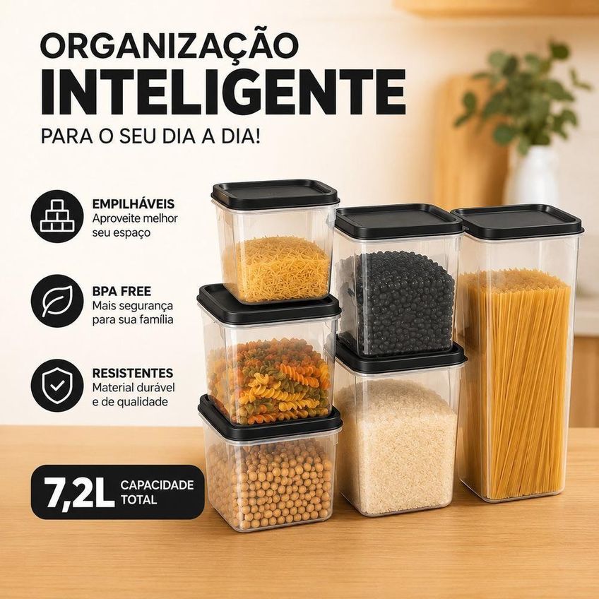 Kit 6 Porta Mantimentos Hermetico Modular Polipropileno 11cm 2,4l 1,2l - imagem 4