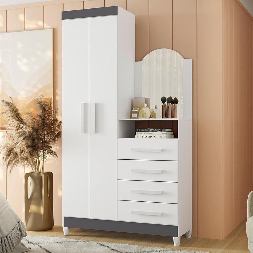 Cômoda New Capri Com Espelho 2 Portas 4 Gavetas MDP 103cm Branco E Titanium - imagem 2