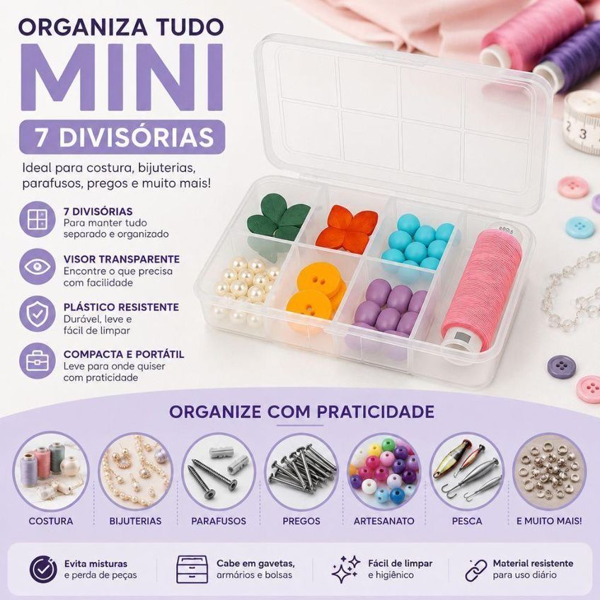 Caixa Organizadora 7 Divisórias Plástico Resistente Multiuso Para Costura Bijuterias Parafusos - imagem 4