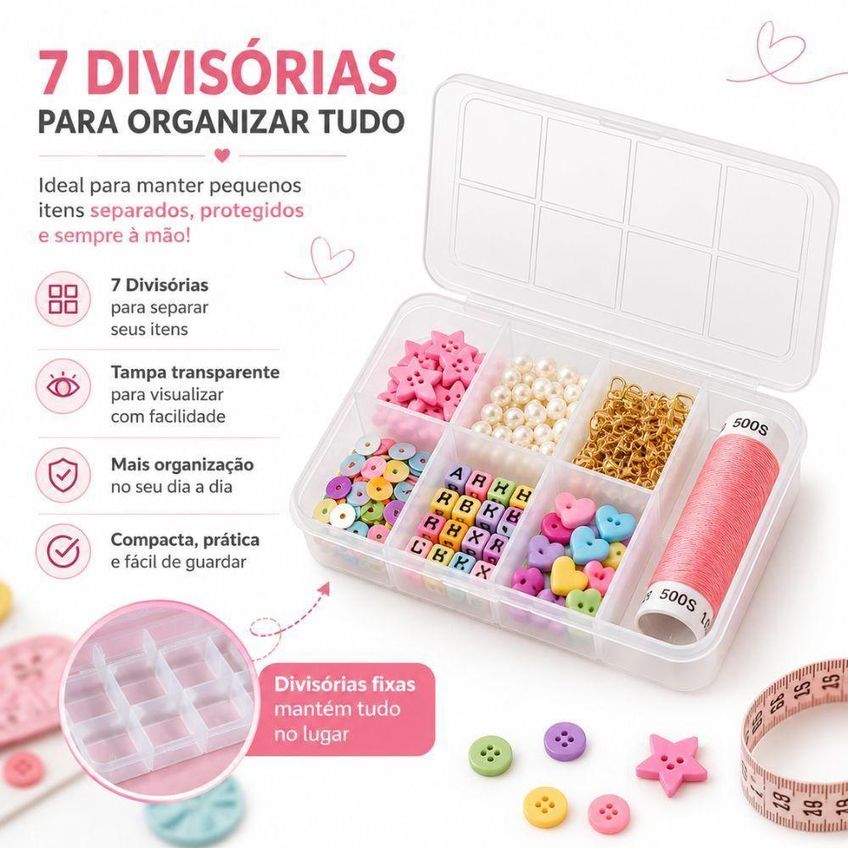Caixa Organizadora 7 Divisórias Plástico Resistente Multiuso Para Costura Bijuterias Parafusos - imagem 5